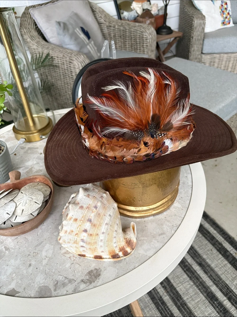 Brown Peacock Feather Trim Cowboy Hat Canyon Trail Suede Western Boho Retro